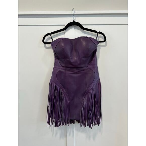 Versace Runway Bright Dark Orchid Leather Fringe Mini Dress - Picture 4 of 16